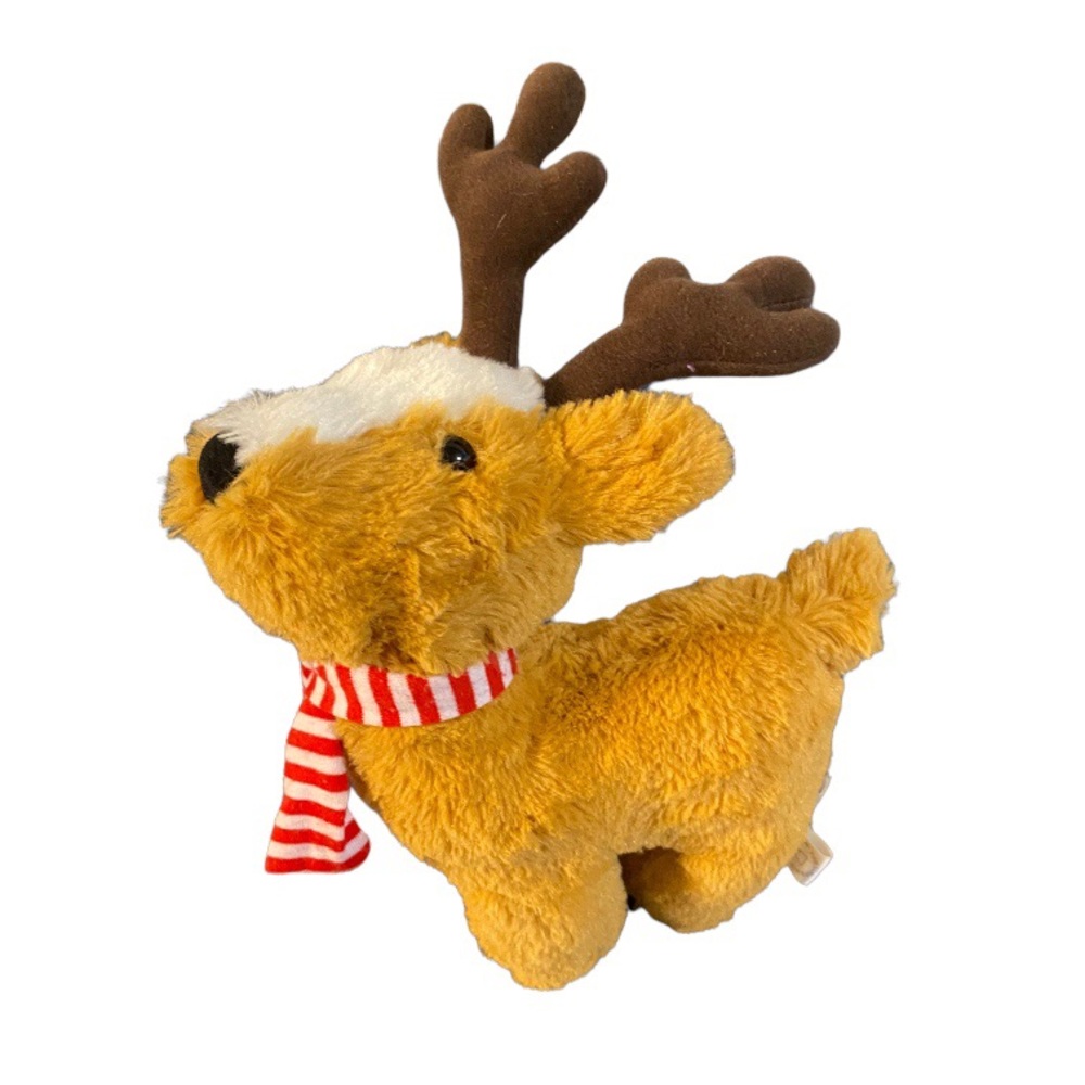 Manhattan Toy Co Plush Holiday Reindeer Bean Stuffed Toy W Striped Red Scarf 11”
